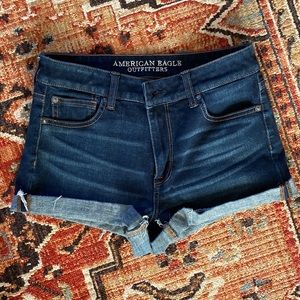 High rise shortie dark wash jean shorts from American eagle *super stretch